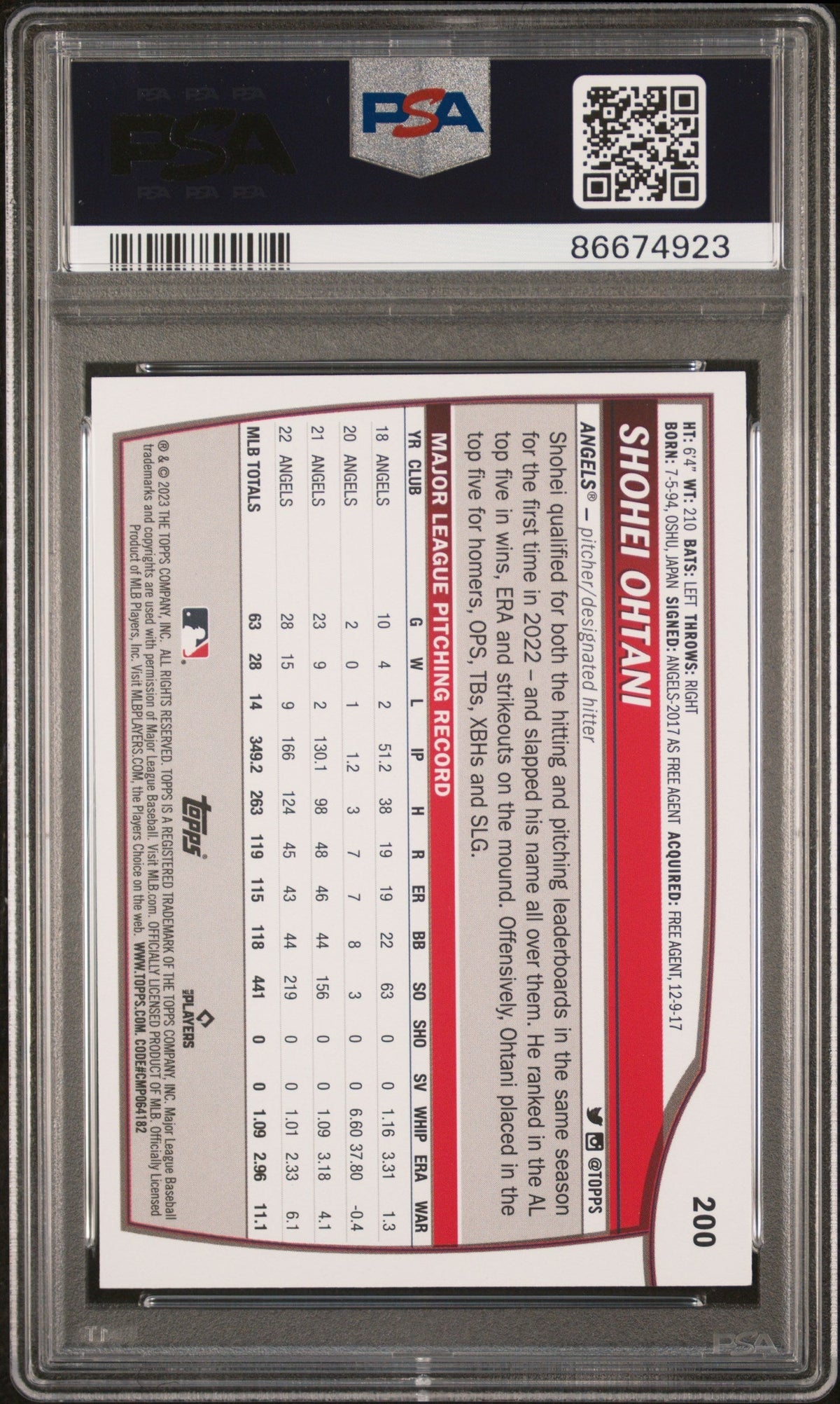 Graded 2023 Topps Big League Shohei Ohtani #200 Baseball Card PSA 9 Mint