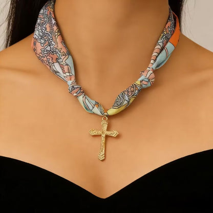 Hand-Tied Silk Scarf Cross Necklace