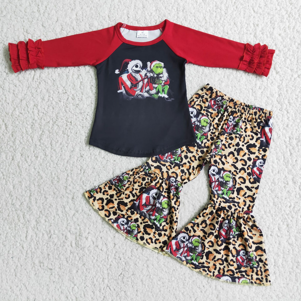 Red long sleeve green face shirt leopard pants girls Christmas outfits