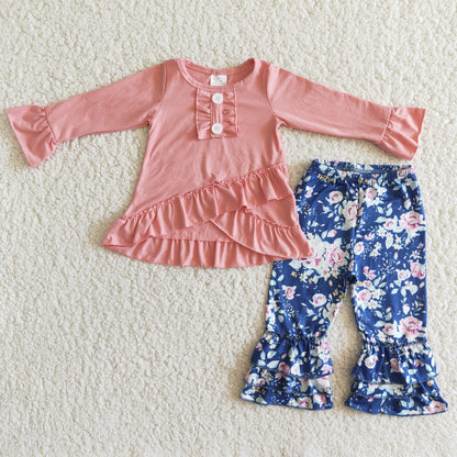 Solid shirt match floral ruffle pants girls boutique clothing