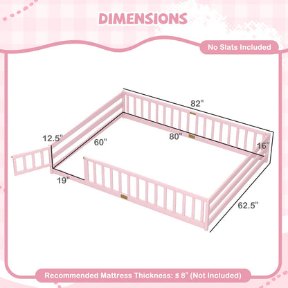 Queen Size Floor Bed Kids Montessori Bed Frame with Full Length Safety Guardrails