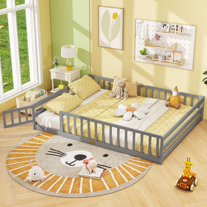 Queen Size Floor Bed Kids Montessori Bed Frame with Full Length Safety Guardrails