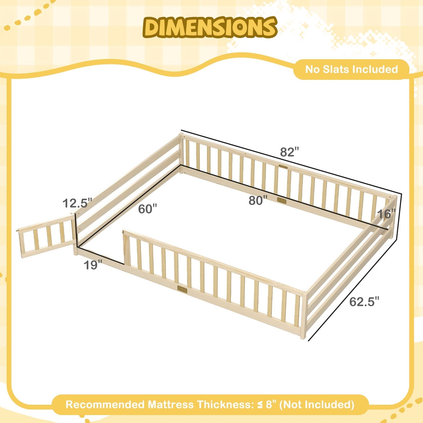 Queen Size Floor Bed Kids Montessori Bed Frame with Full Length Safety Guardrails