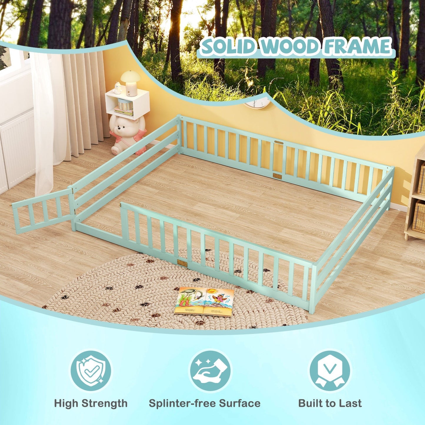 Queen Size Floor Bed Kids Montessori Bed Frame with Full Length Safety Guardrails
