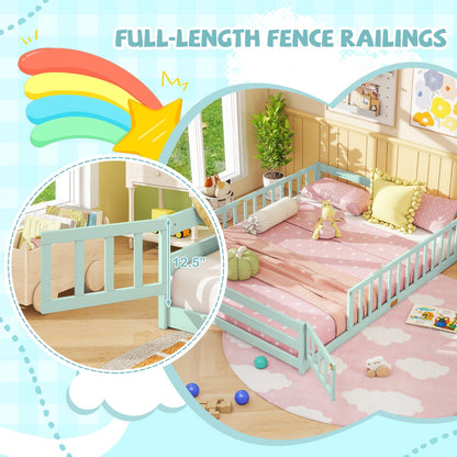 Queen Size Floor Bed Kids Montessori Bed Frame with Full Length Safety Guardrails