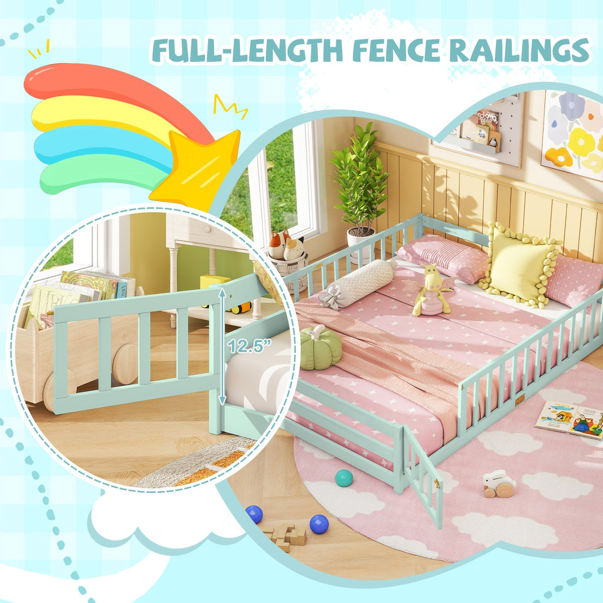 Queen Size Floor Bed Kids Montessori Bed Frame with Full Length Safety Guardrails