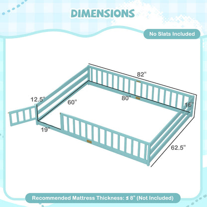 Queen Size Floor Bed Kids Montessori Bed Frame with Full Length Safety Guardrails