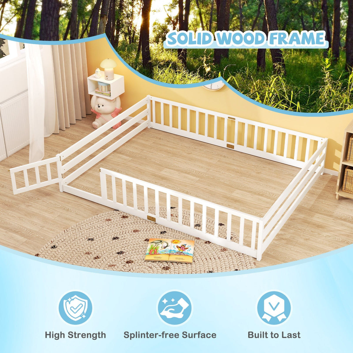 Queen Size Floor Bed Kids Montessori Bed Frame with Full Length Safety Guardrails