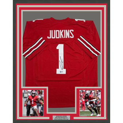 Framed Autographed/Signed Quinshon Judkins 35x39 Ohio State Red College Football Jersey Beckett BAS COA