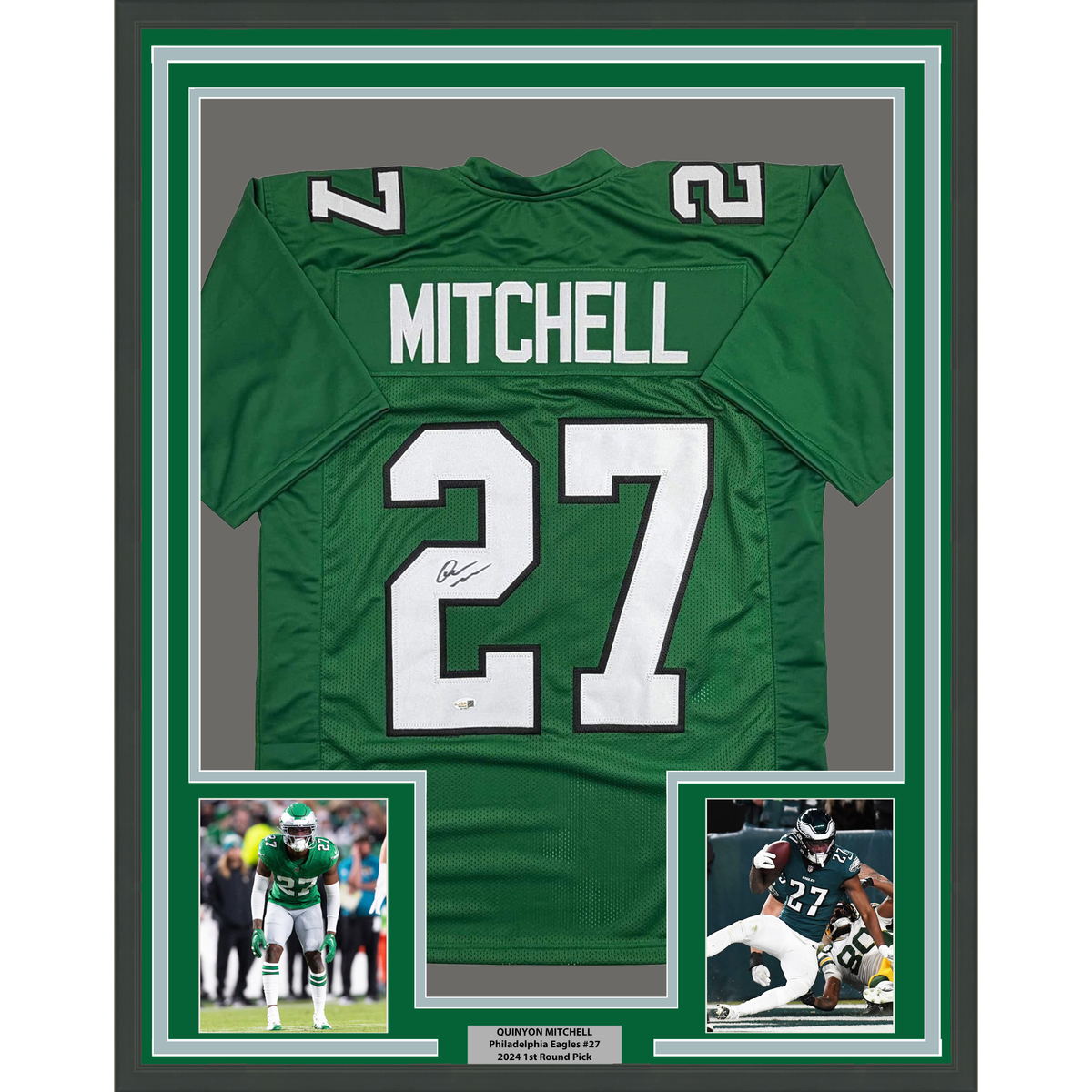 Framed Autographed/Signed Quinyon Mitchell 35x39 Philadelphia Kelly Green Football Jersey JSA COA