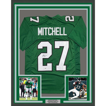 Framed Autographed/Signed Quinyon Mitchell 35x39 Philadelphia Kelly Green Football Jersey JSA COA