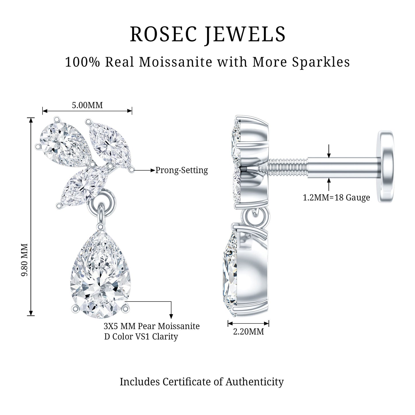 Marquise and Pear Moissanite Cluster Drop Cartilage Earring