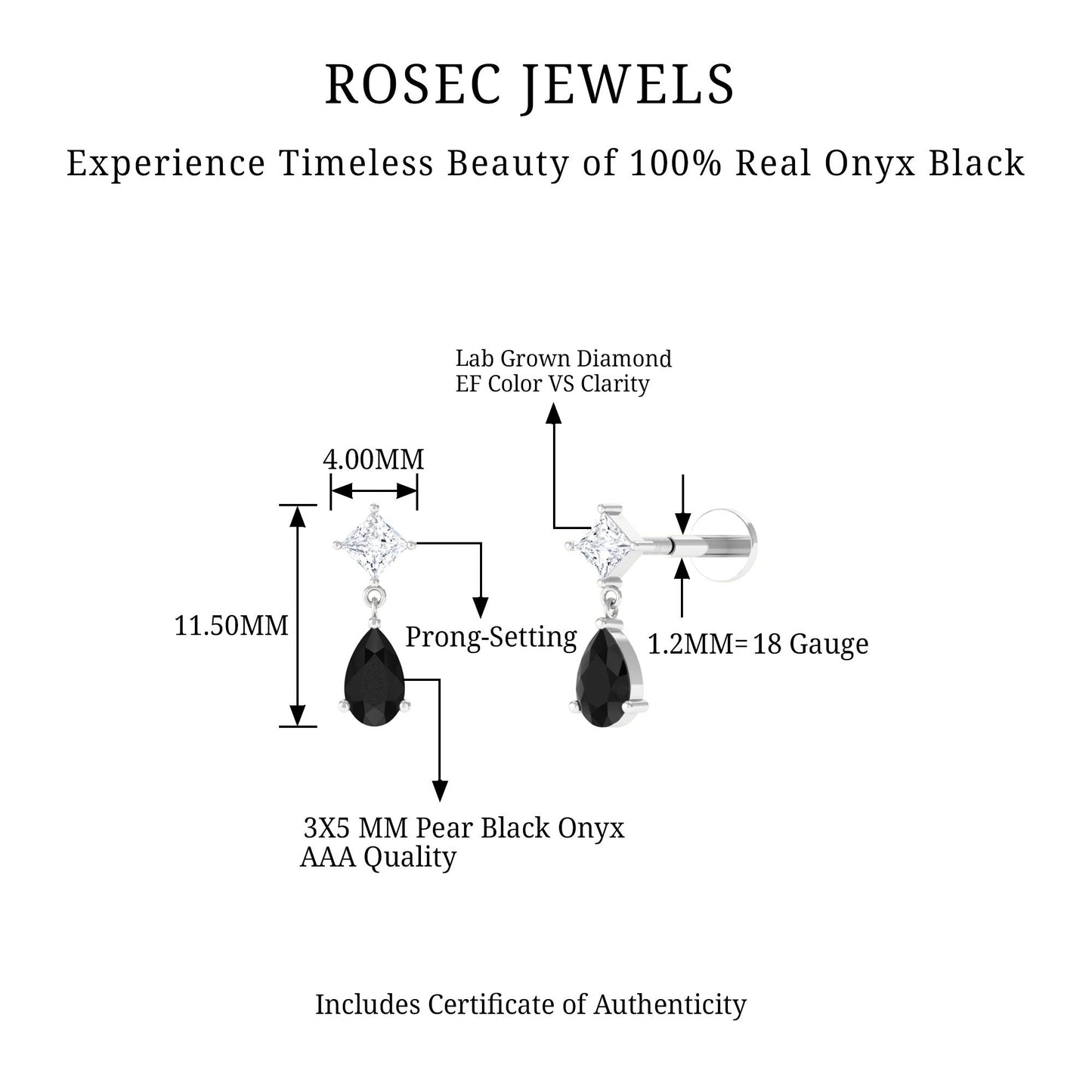Pear Shape Black Onyx and Diamond Dangling Helix Earring