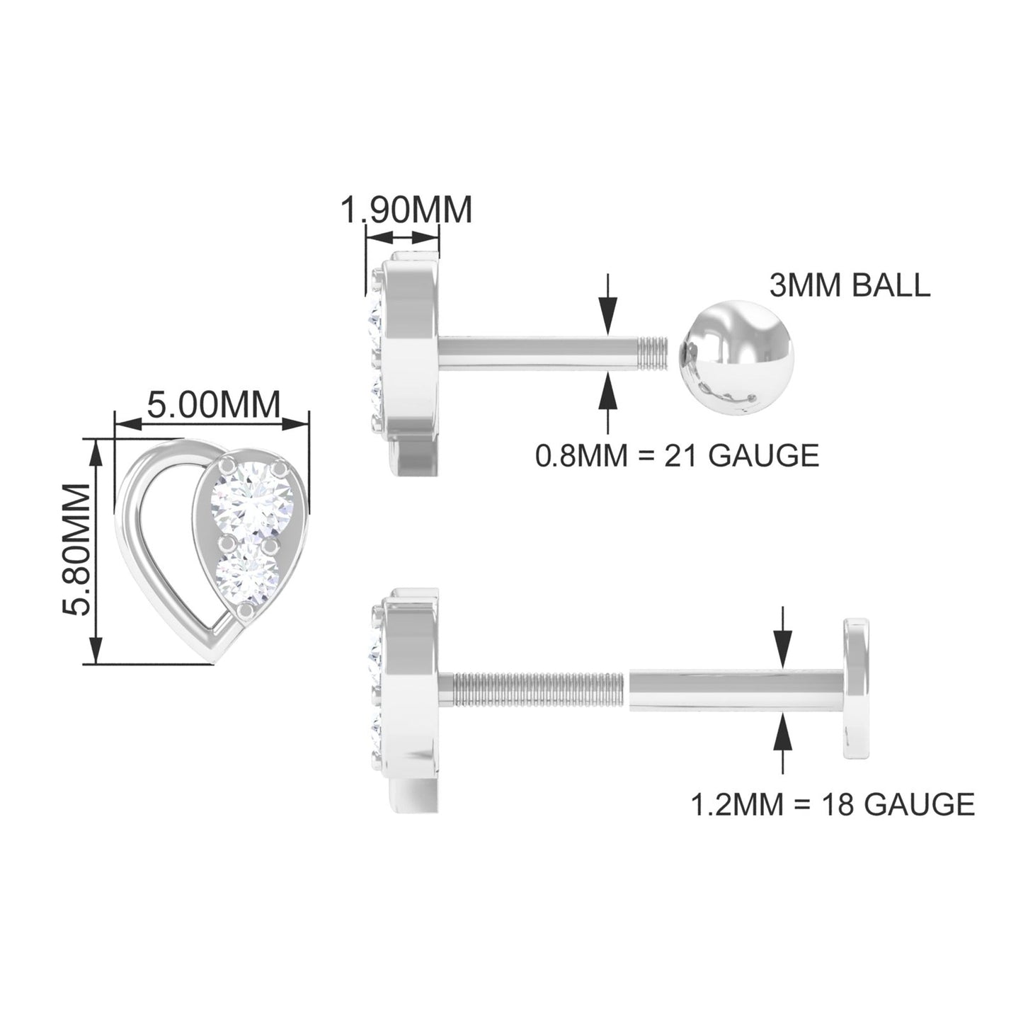 Diamond Heart Earring for Conch Piercing