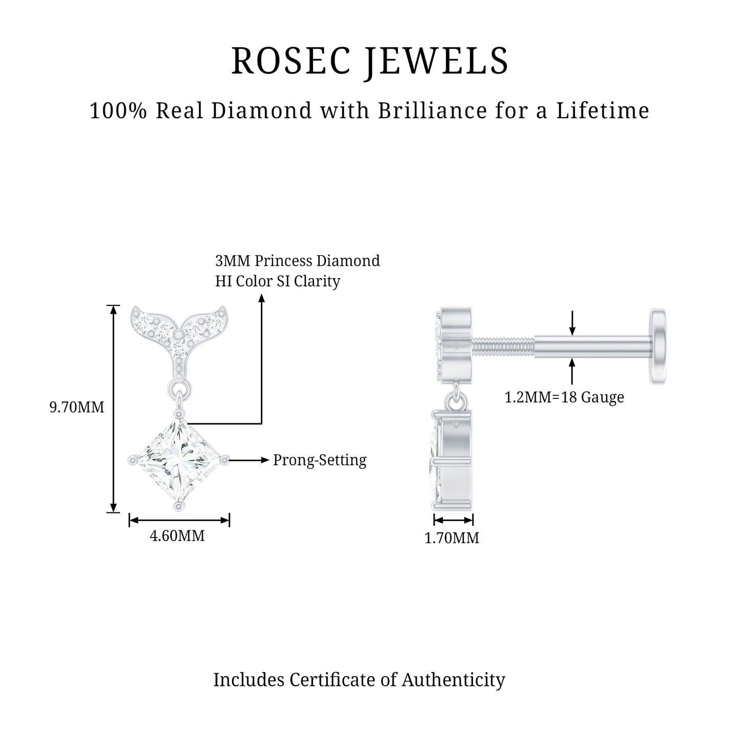 Fish Tail Diamond Drop Earring for Helix Piercing