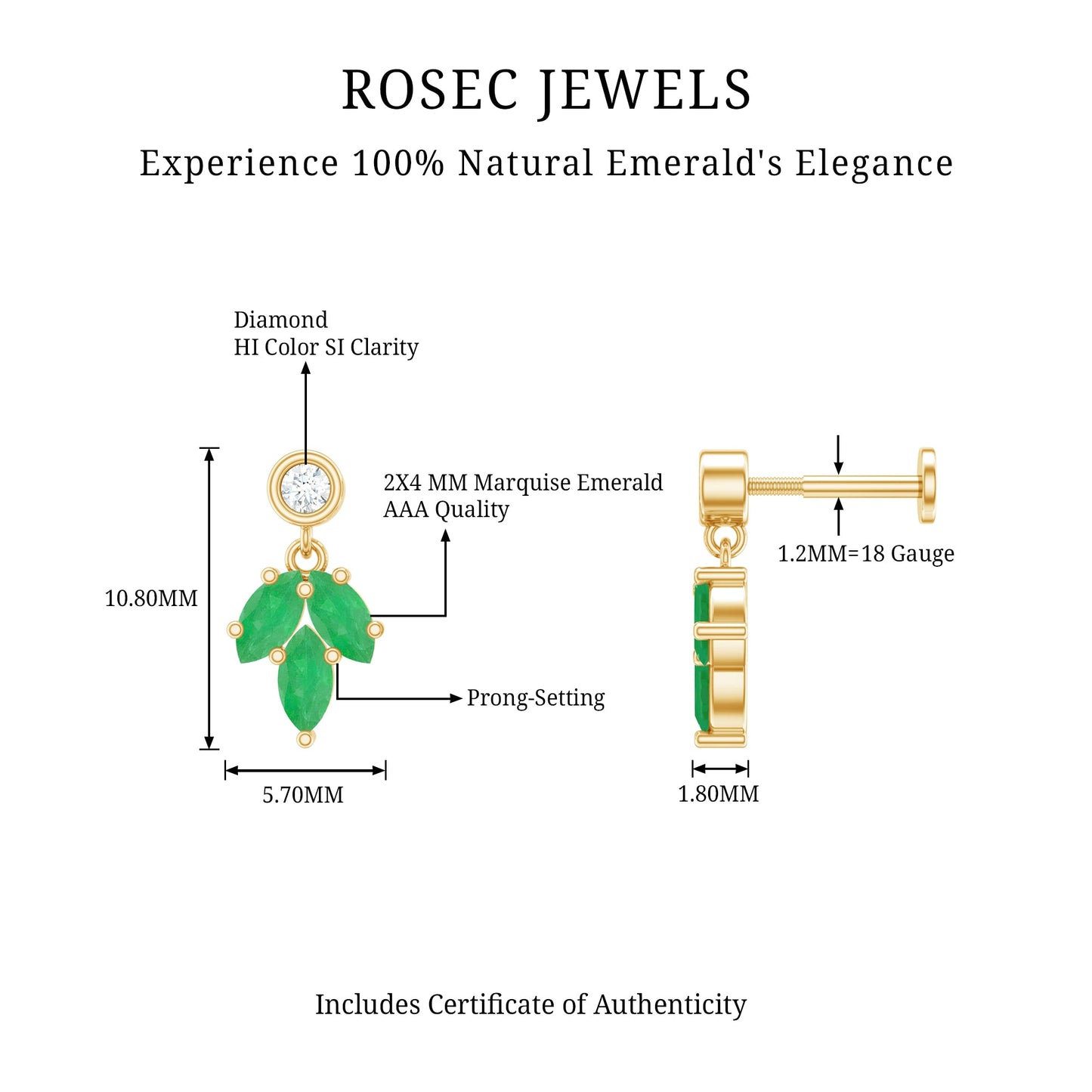 Marquise Emerald Leaf Earring for Helix Piercing