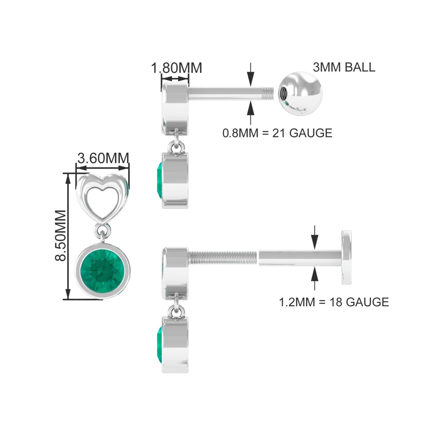 Emerald Heart Drop Earring for Tragus Piercing