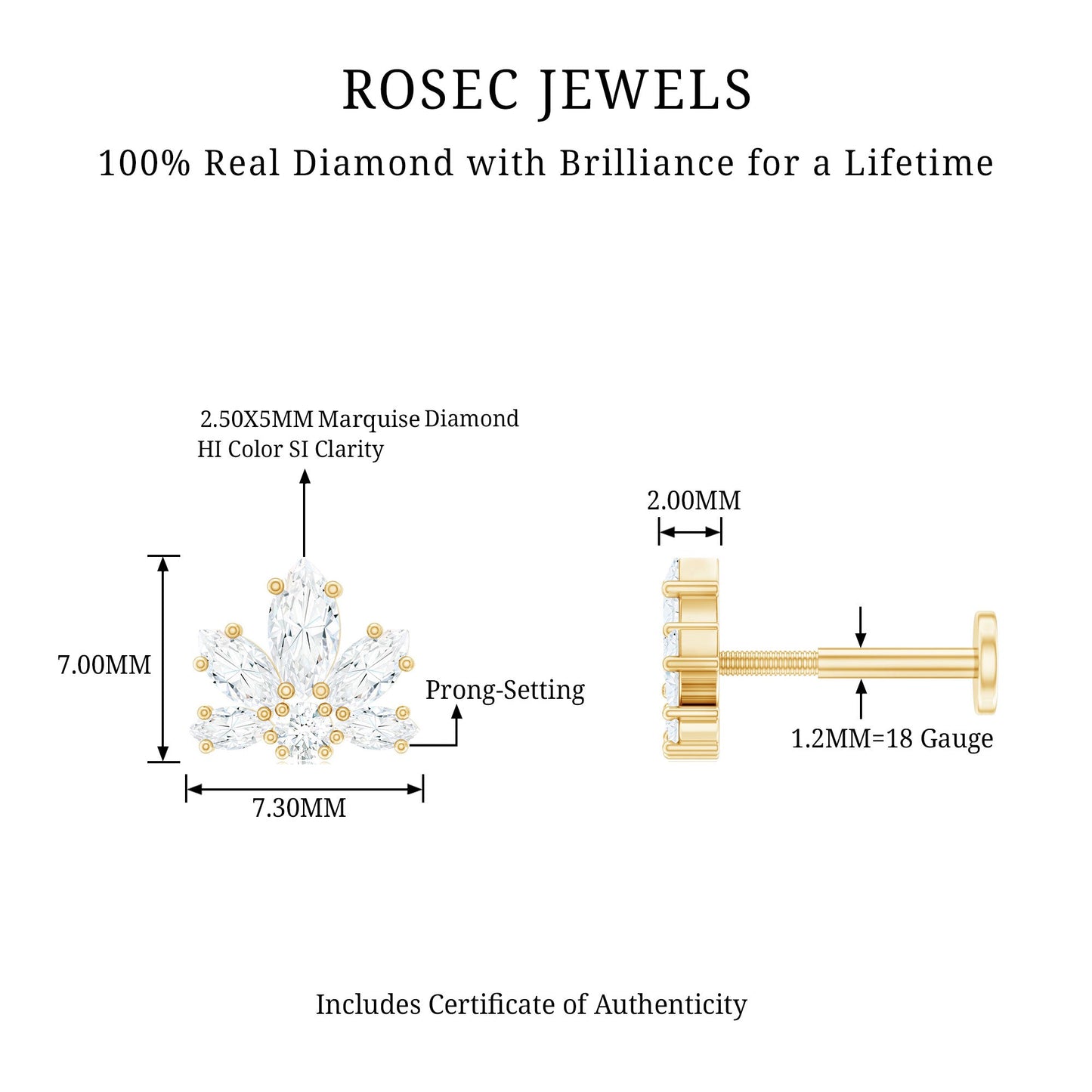Marquise Diamond Lotus Earring for Upper Lobe Piercing