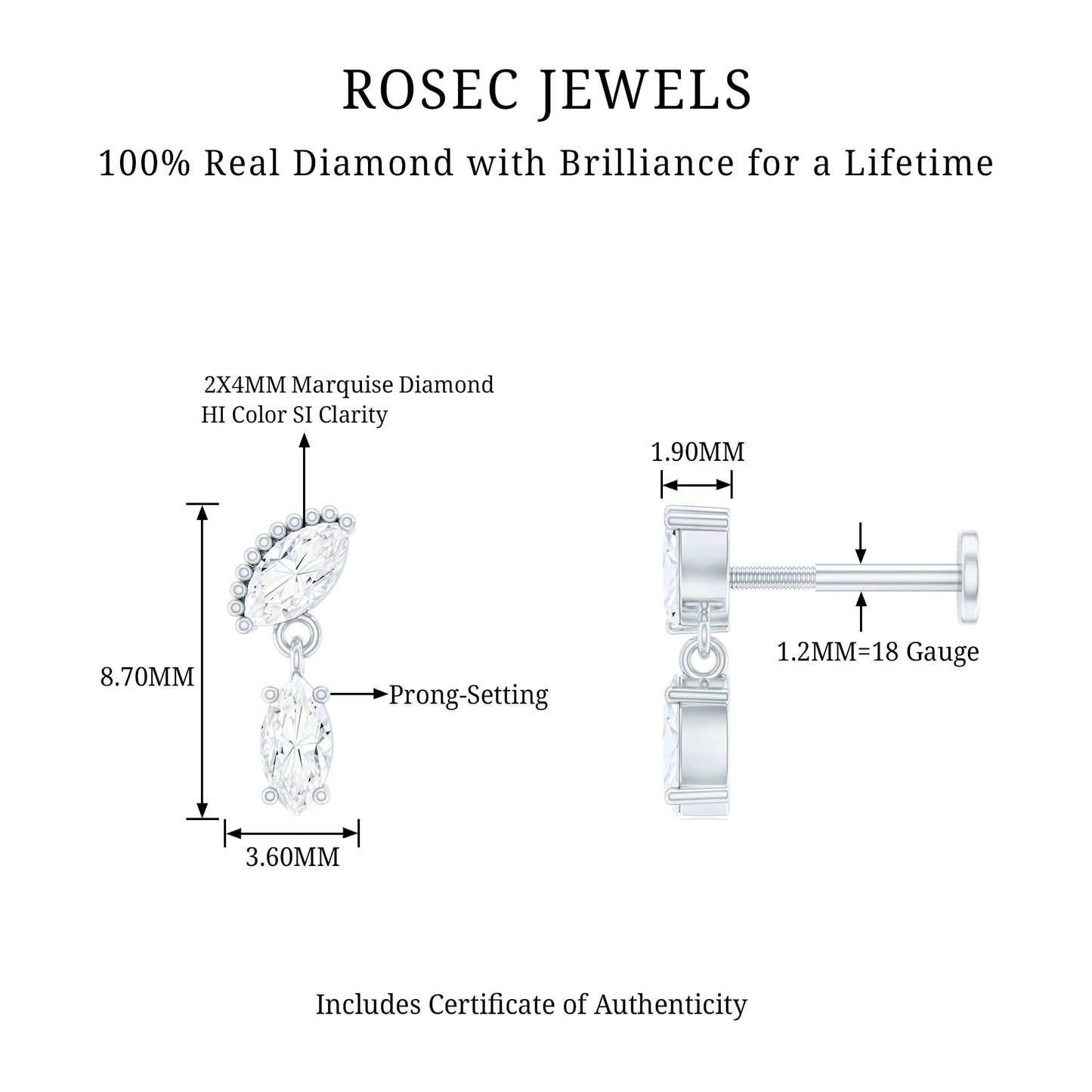 Certified Marquise Diamond Drop Earring for Helix Piercing