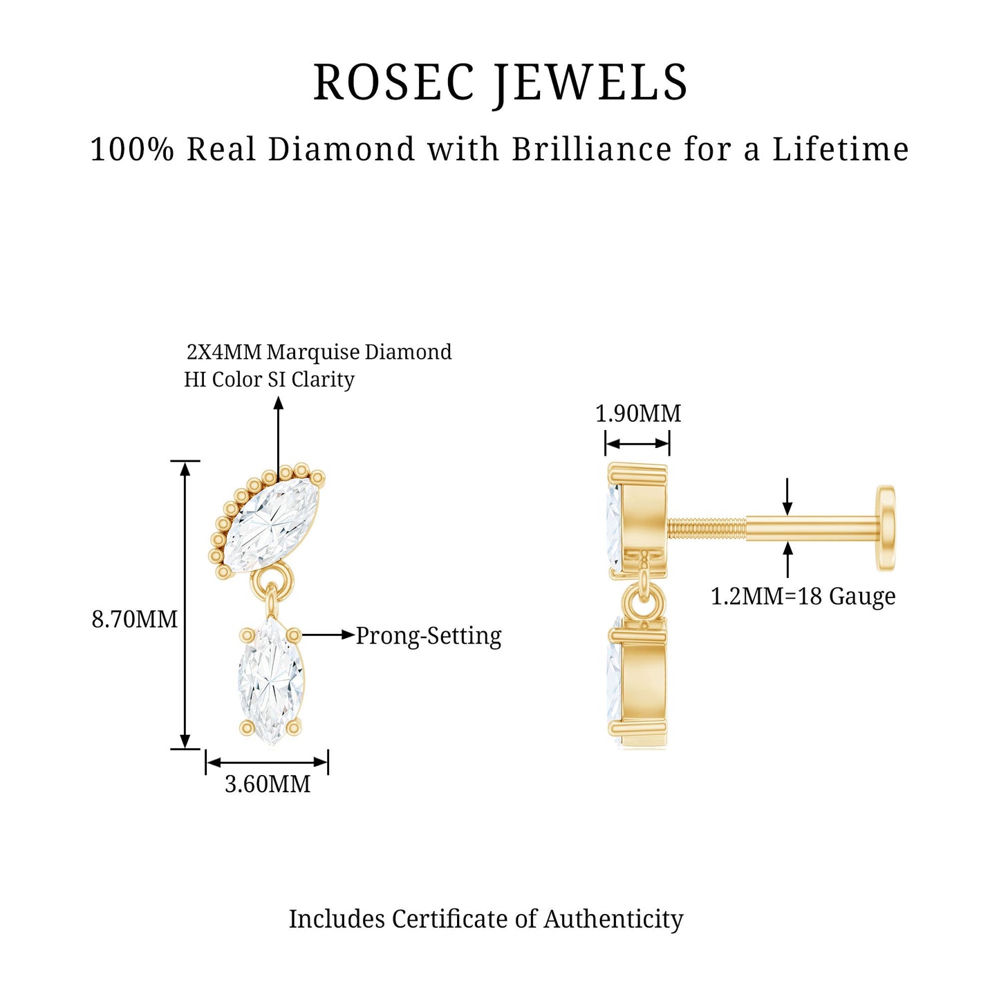 Certified Marquise Diamond Drop Earring for Helix Piercing