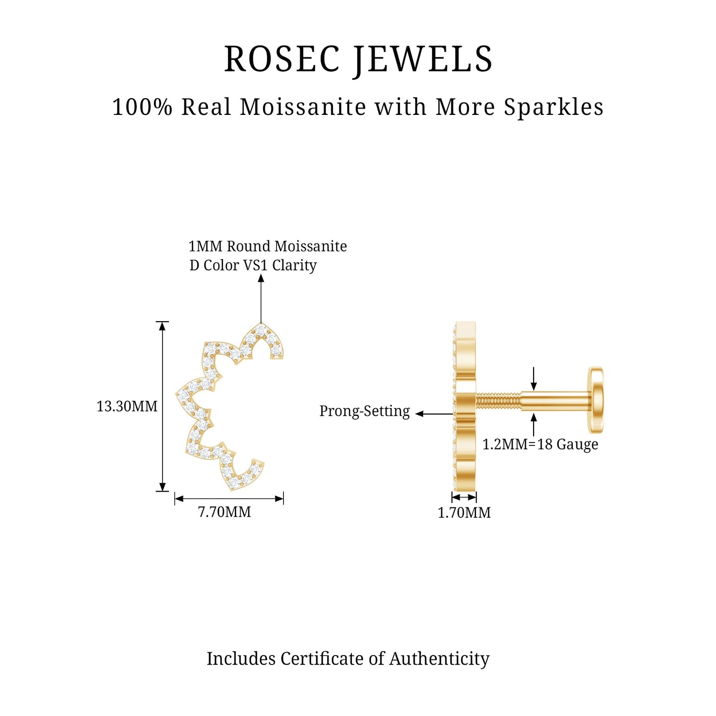 Certified Moissanite Designer Earring for Cartilage Piercing