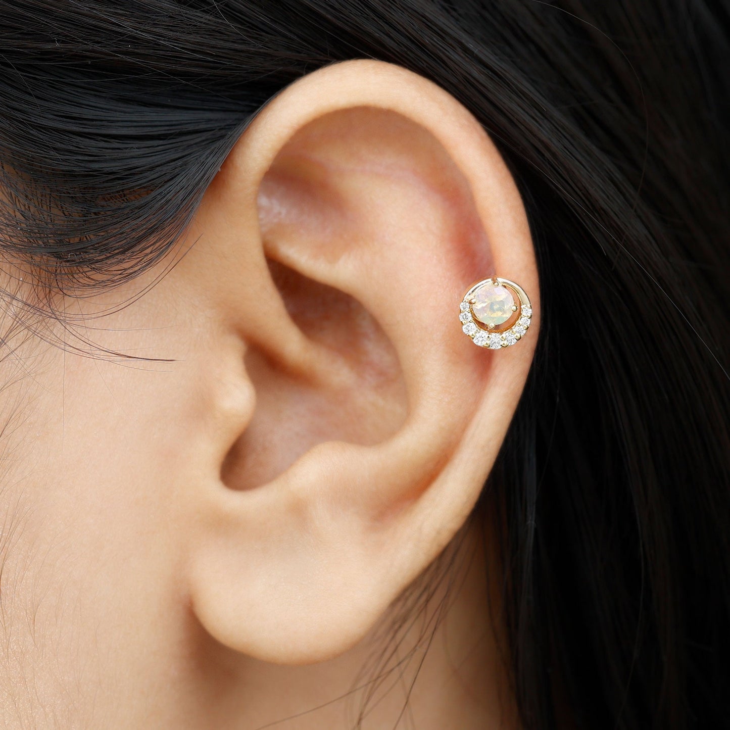 Ethiopian Opal and Diamond Circle Cartilage Earring