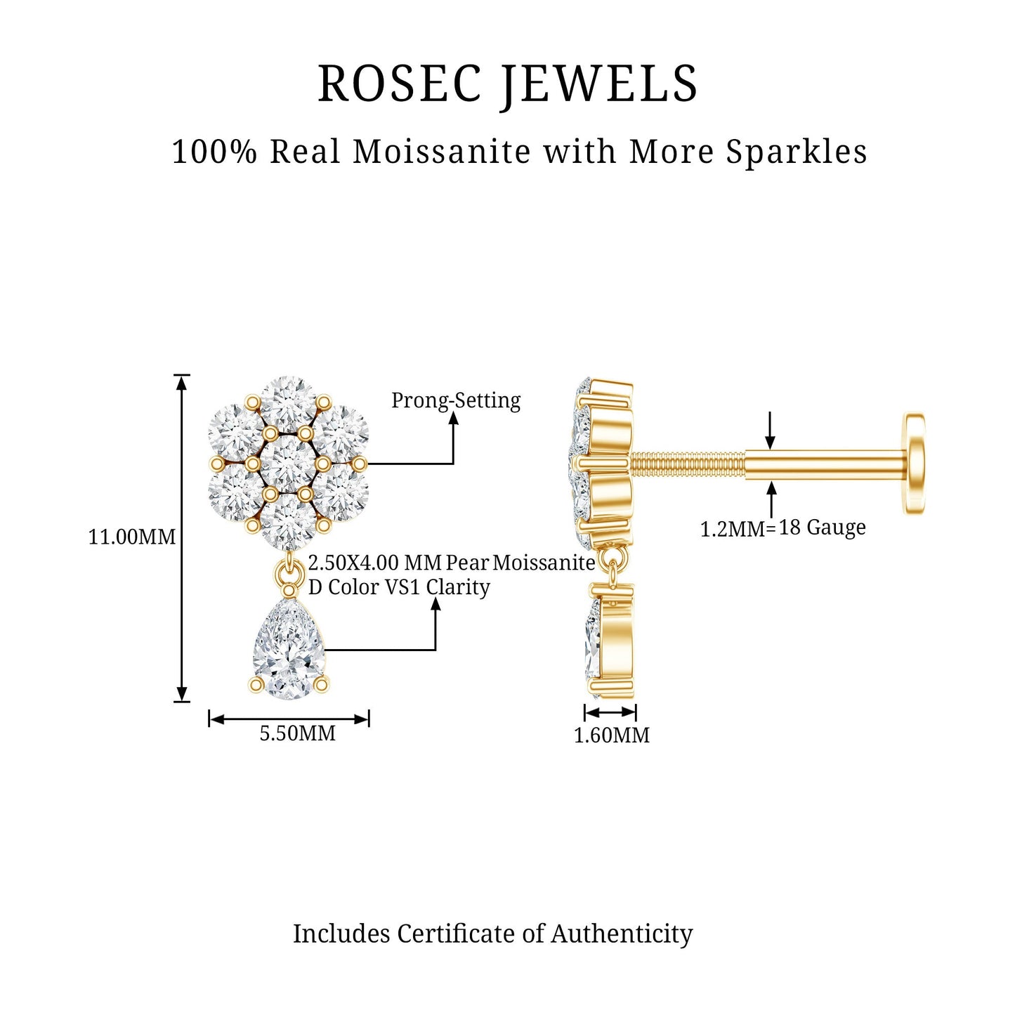 Moissanite Floral Drop Earring for Helix Piercing