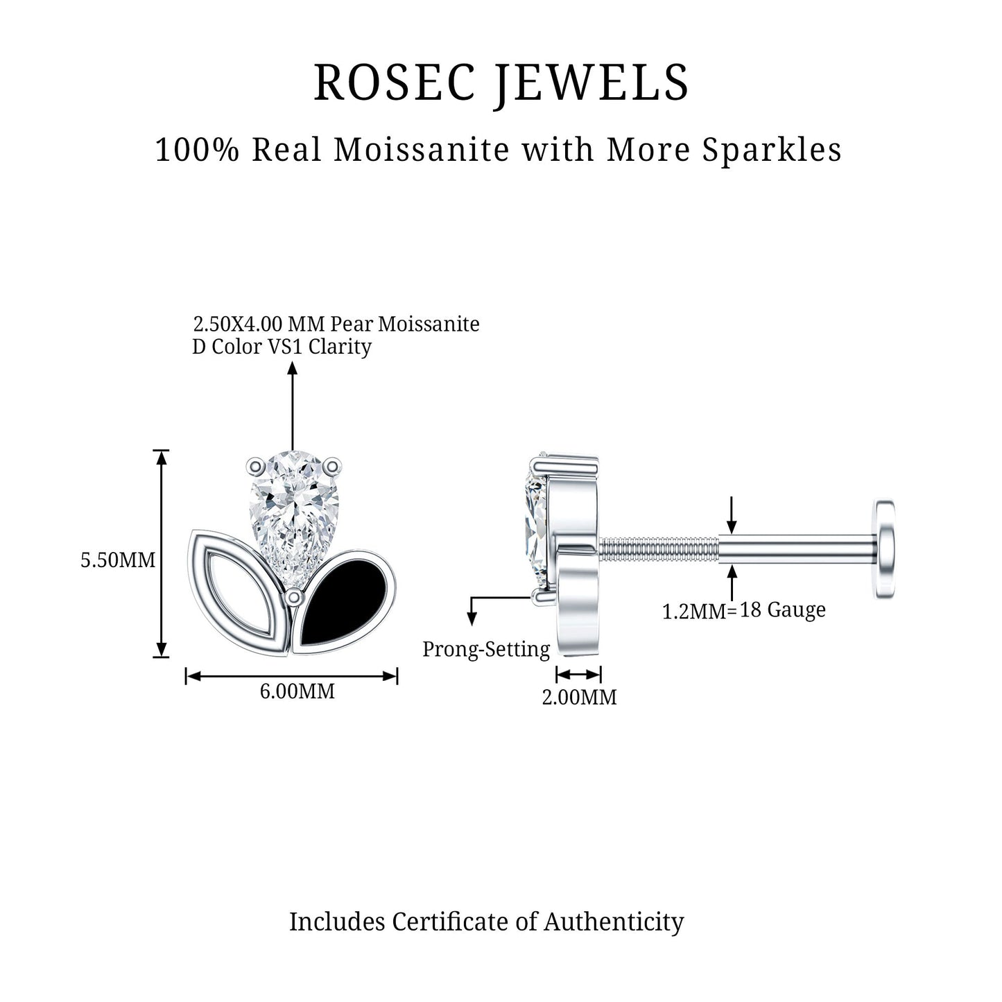 Pear Cut Moissanite Cartilage Earring with Black Enamel