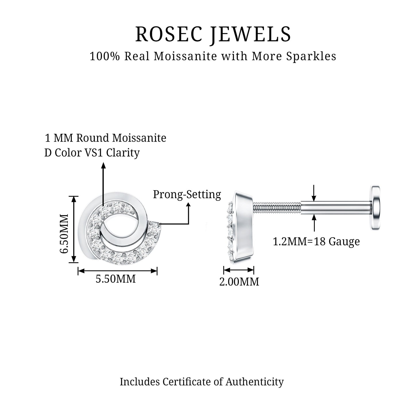 Moissanite Swirl Earring for Second Hole Piercing