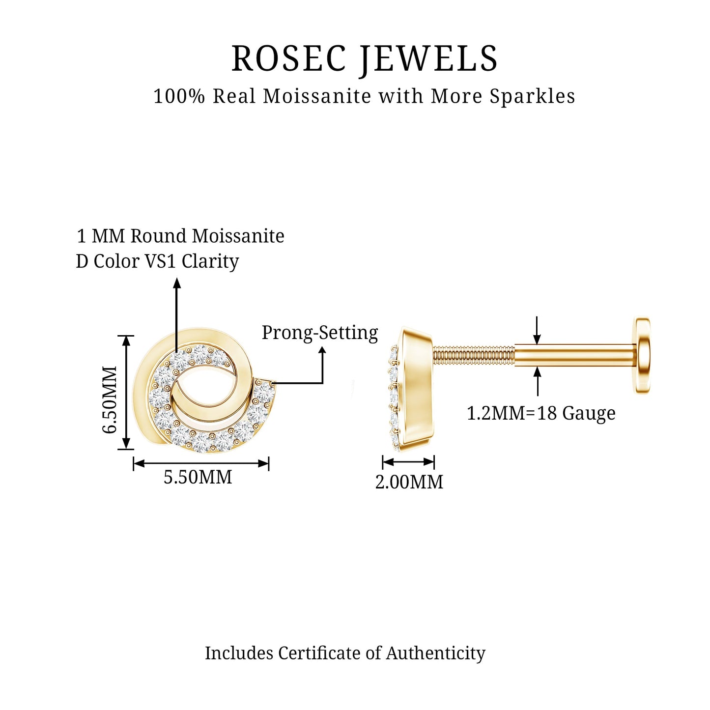 Moissanite Swirl Earring for Second Hole Piercing