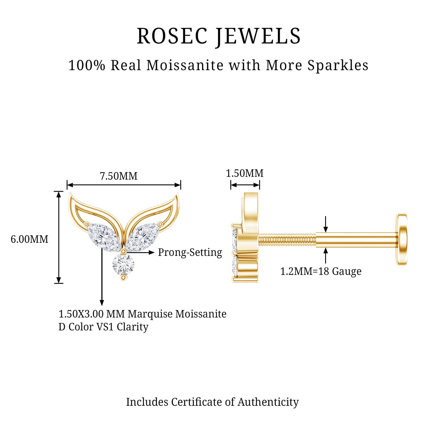 Certified Moissanite Fishtail Earring for Cartilage Piercing
