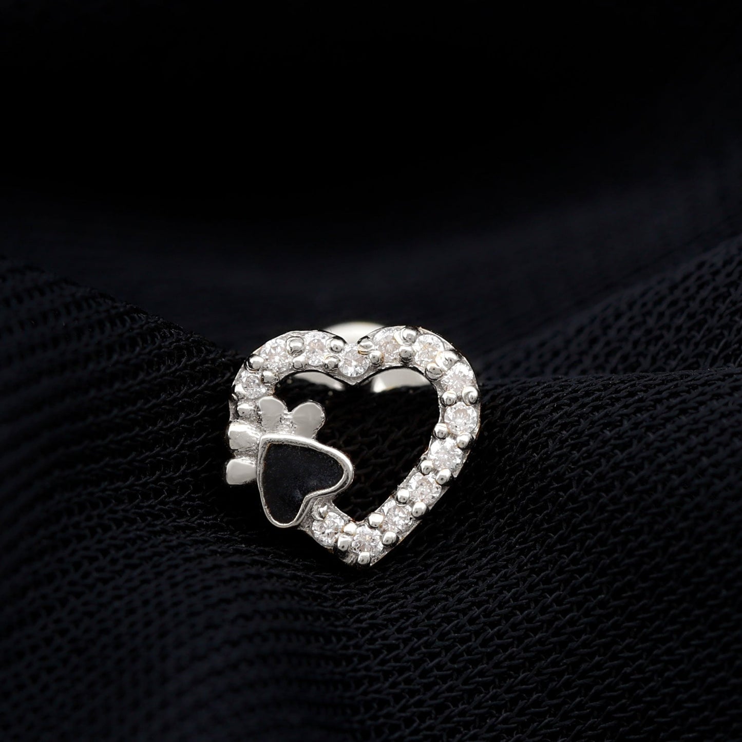 Certified Moissanite Paw and Heart Cartilage Earring with Enamel