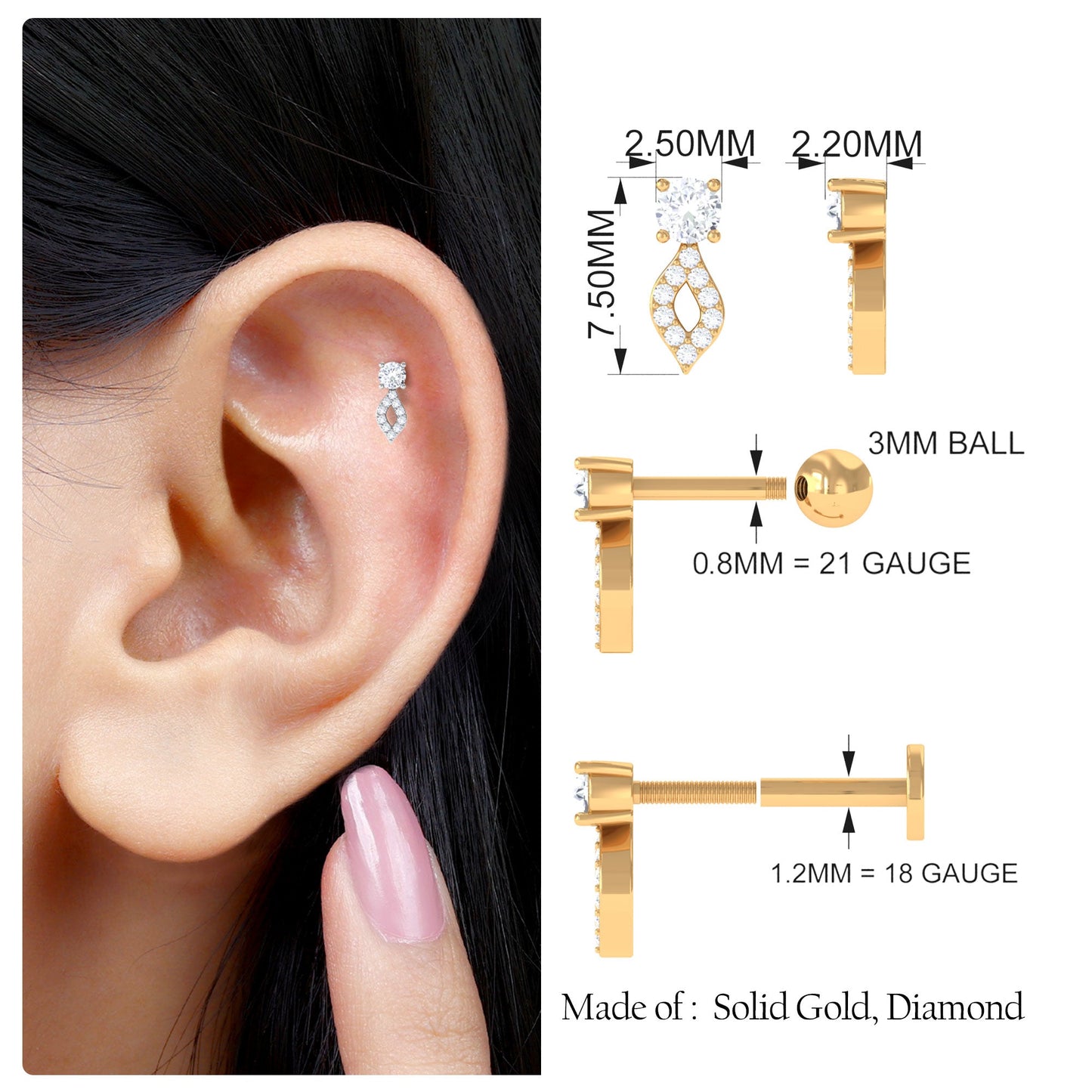 Natural Diamond Unique Tragus Earring