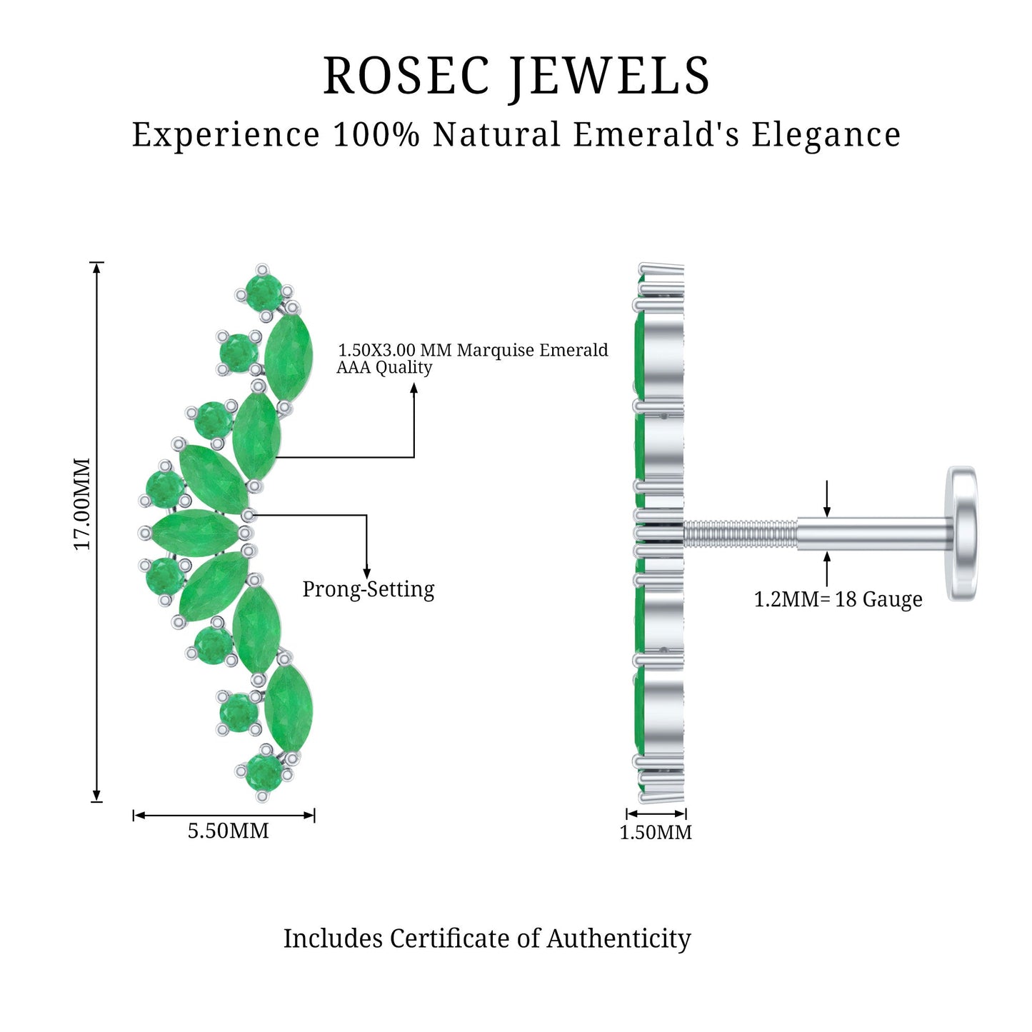 Natural Marquise Emerald Crawler Cartilage Earring