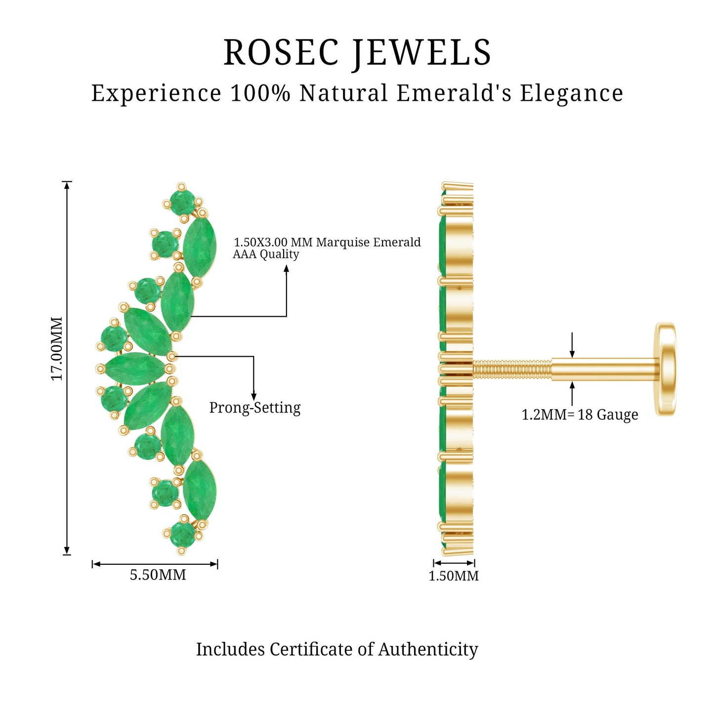 Natural Marquise Emerald Crawler Cartilage Earring