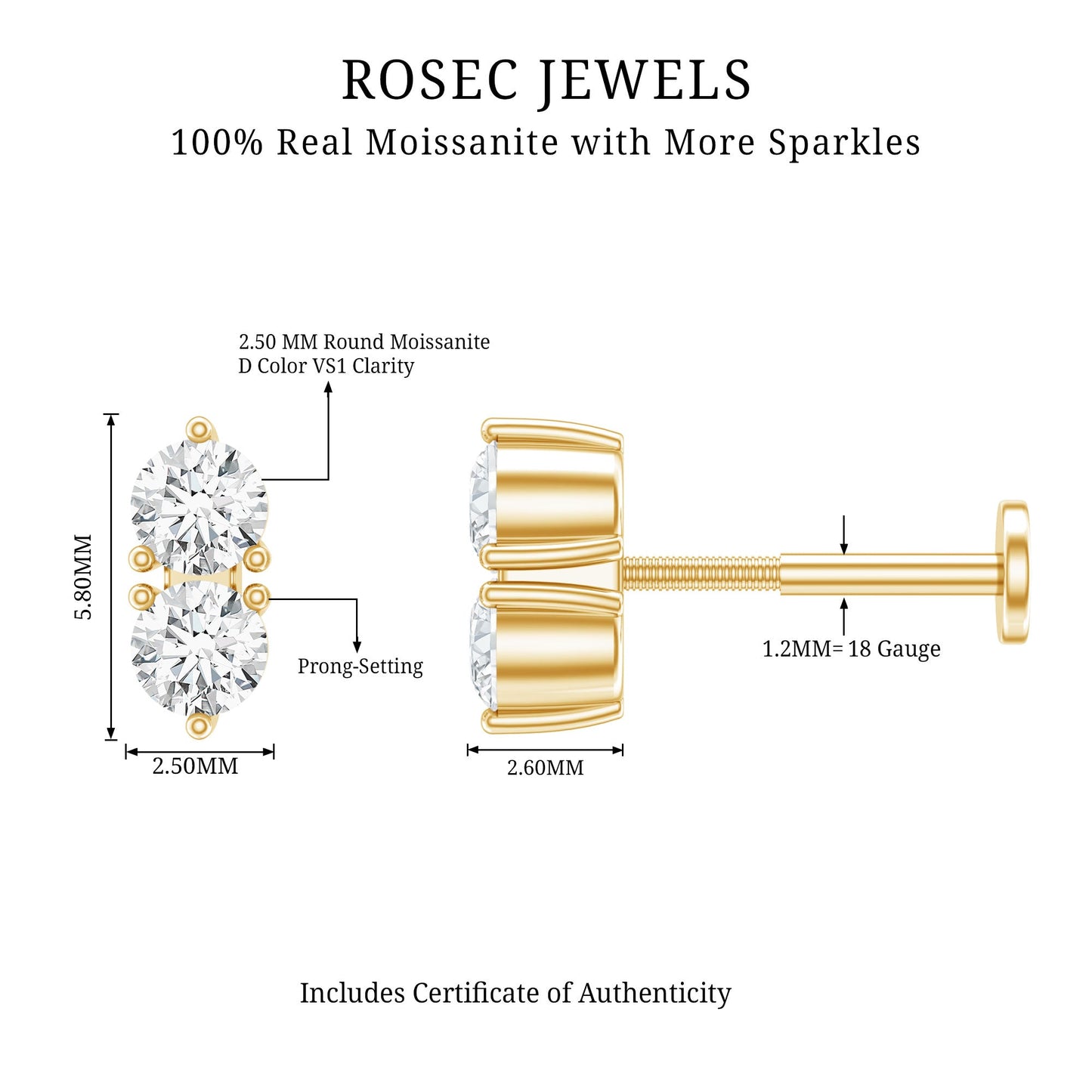 Minimalist Moissanite 2 Stone Earring for Tragus Piercing