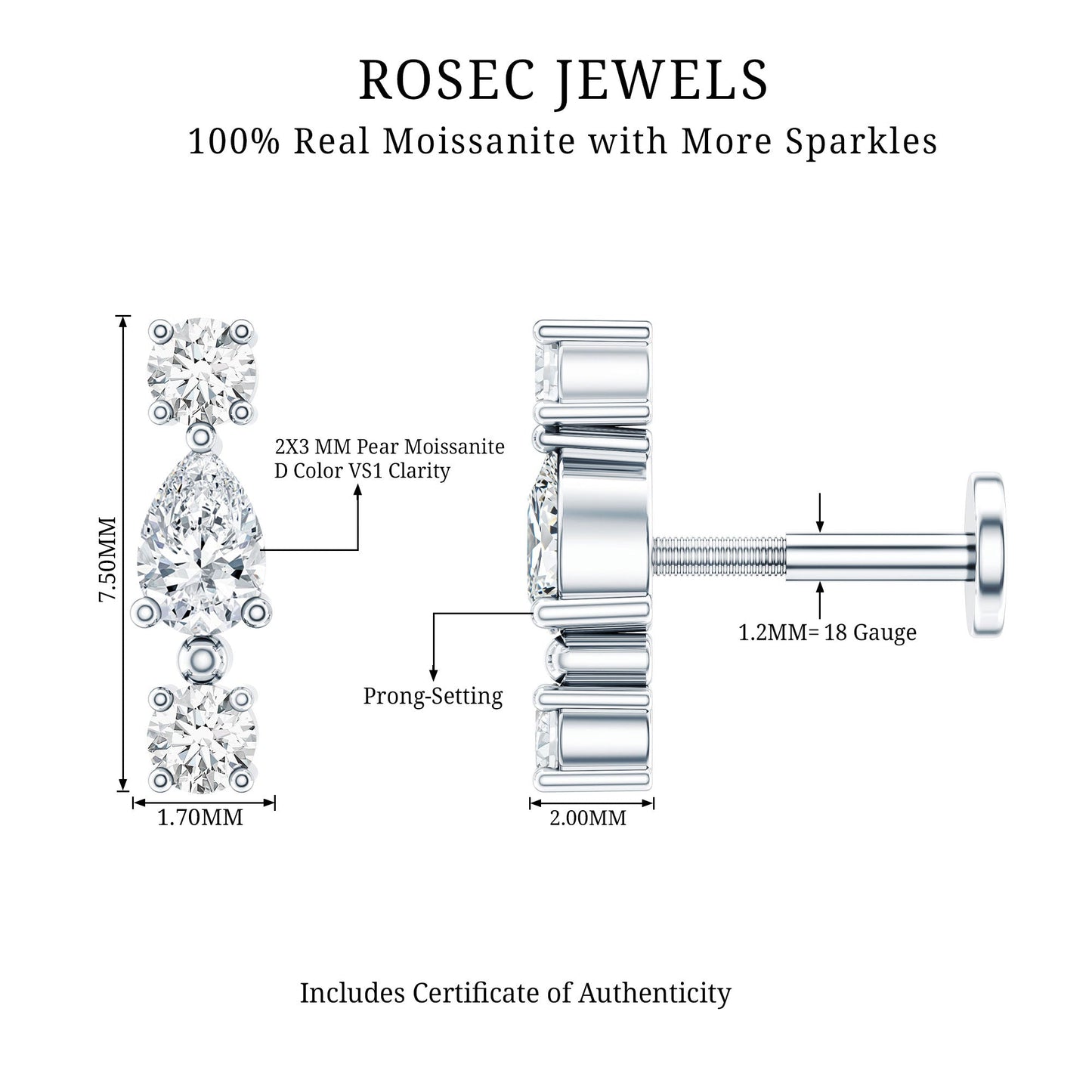 Certified Moissanite 3 Stone Tragus Earring