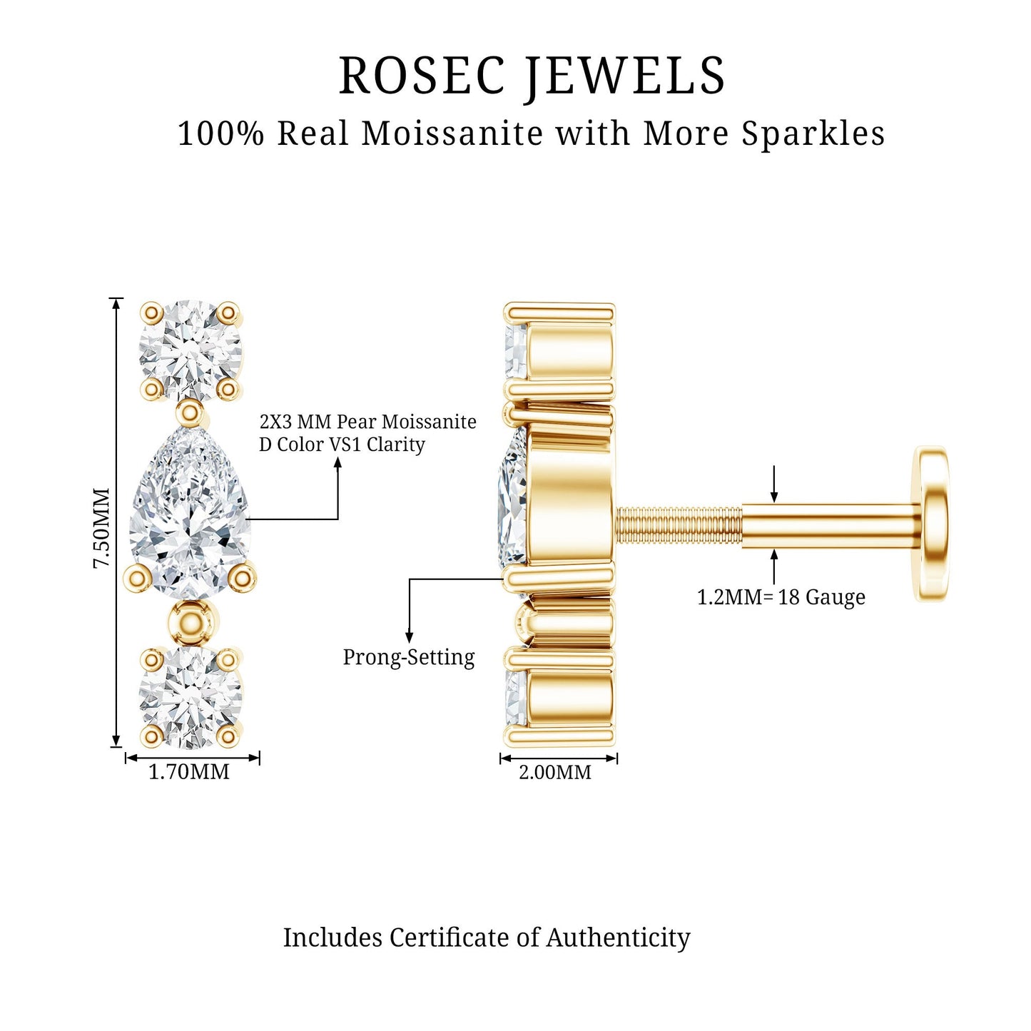 Certified Moissanite 3 Stone Tragus Earring