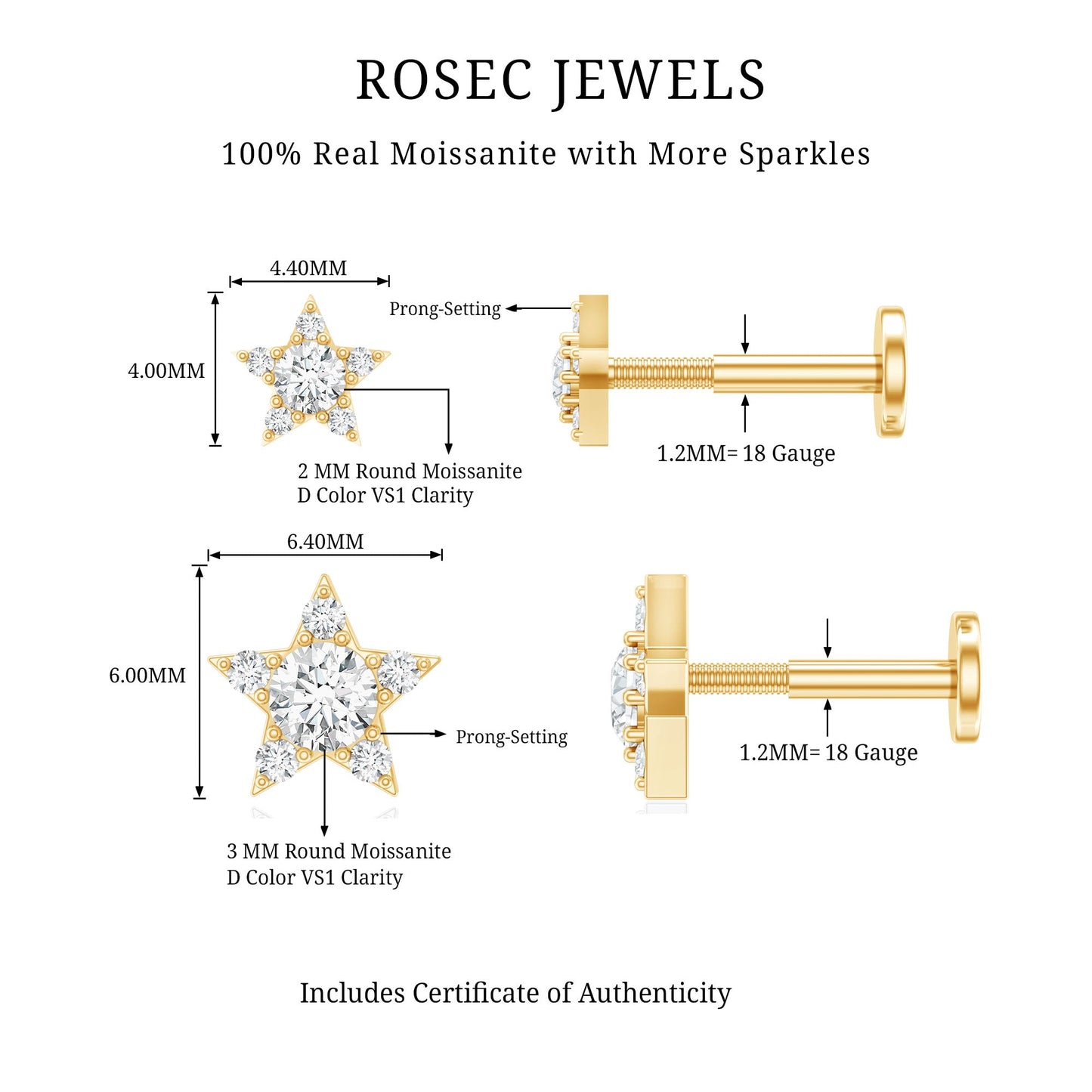 Moissanite Star Earring for Helix Piercing