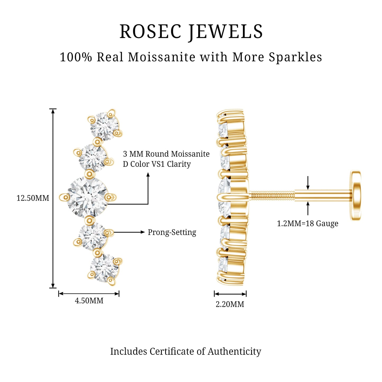 Certified Moissanite Curved Crawler Earring with Flat Back