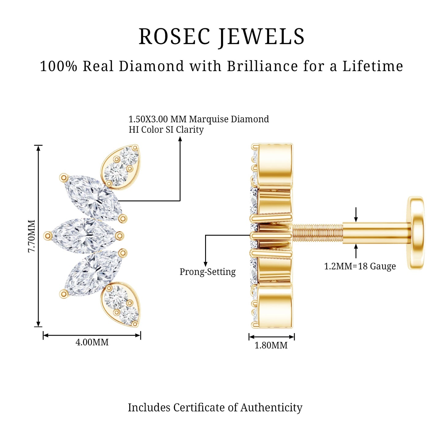 Marquise Diamond Leaf Crawler Earring for Helix Piercing