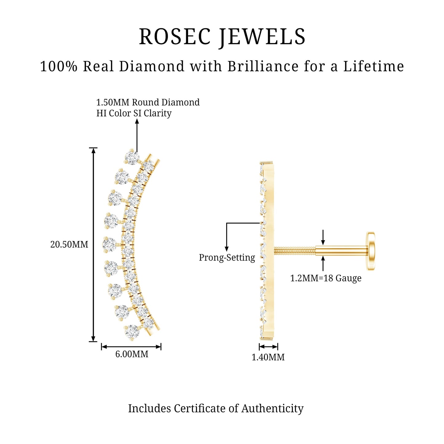Minimal Diamond Crawler Earring for Cartilage Piercing