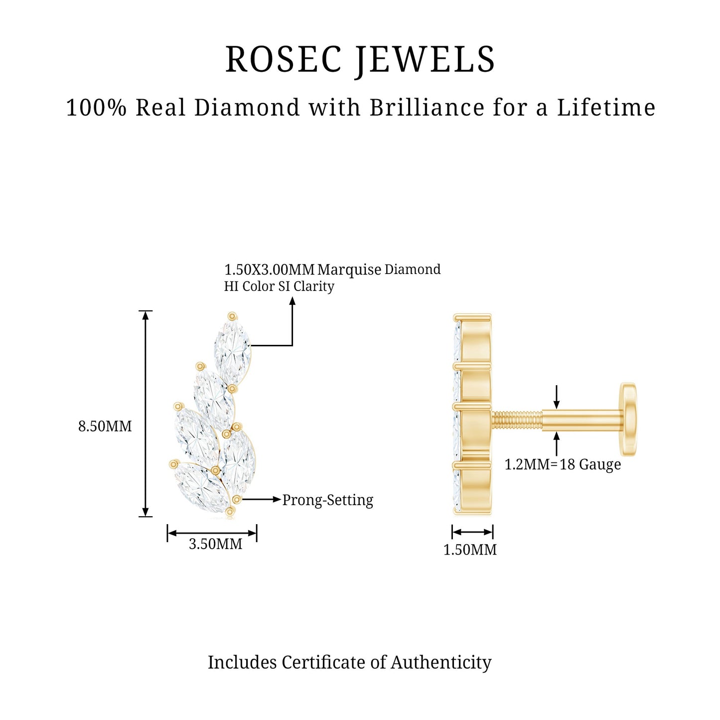 Marquise Diamond Leaf Cluster Earring for Helix Piercing