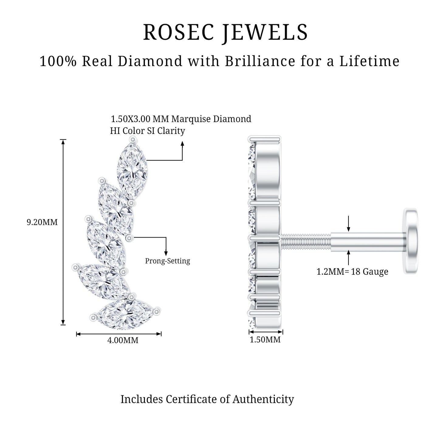 Marquise Diamond Crawler Earring for Helix Piercing