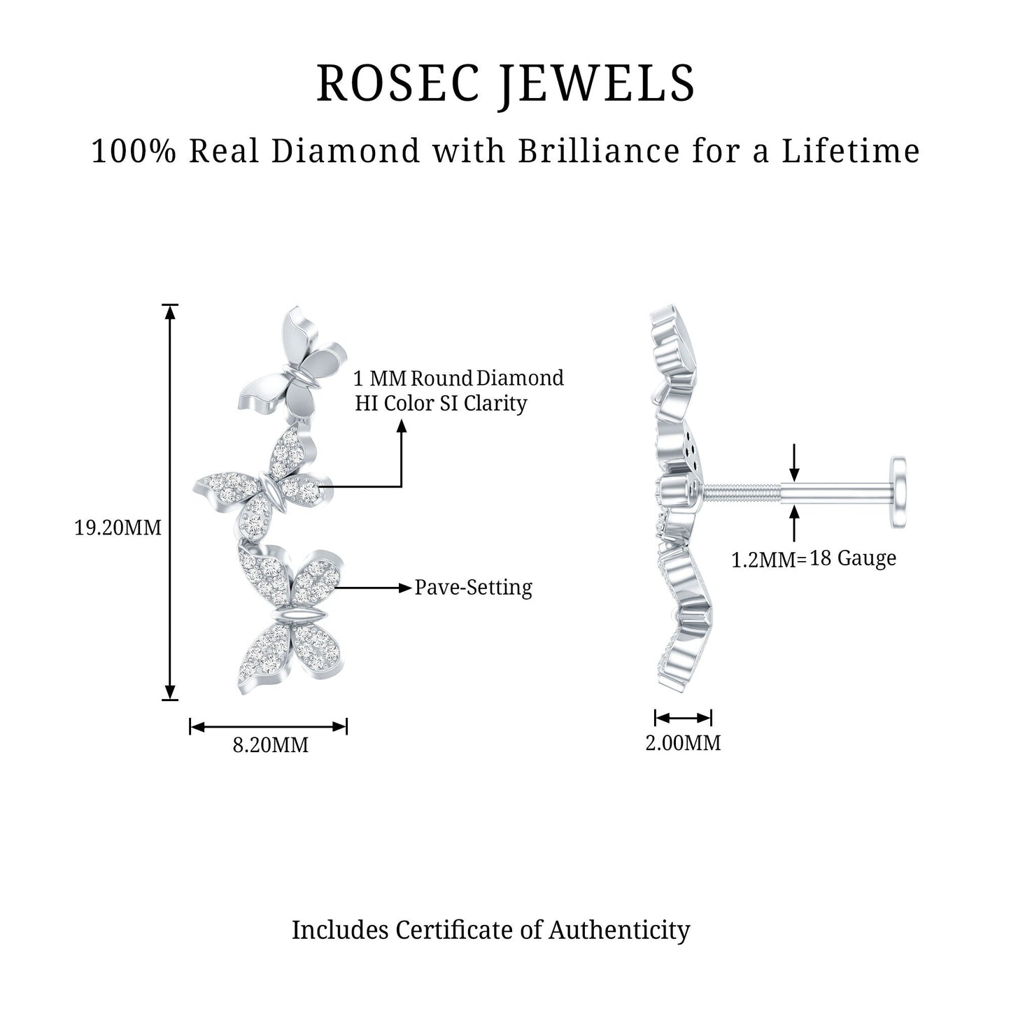 Diamond Butterfly Crawler Earring for Helix Piercing