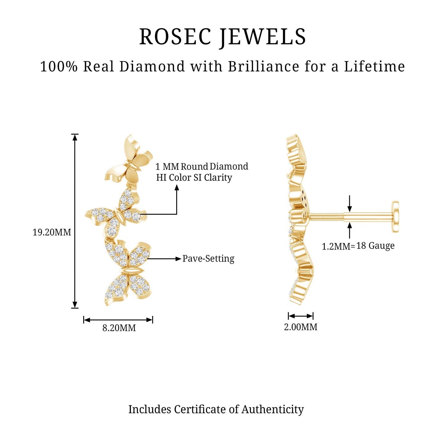 Diamond Butterfly Crawler Earring for Helix Piercing