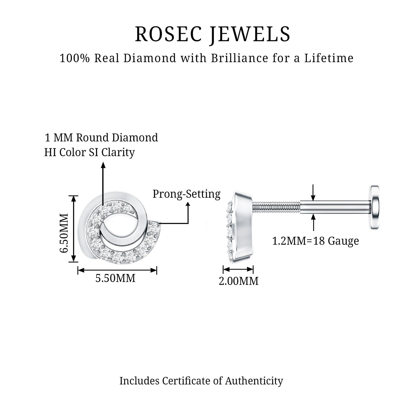 Certified Diamond Spiral Earring for Cartilage Piercing