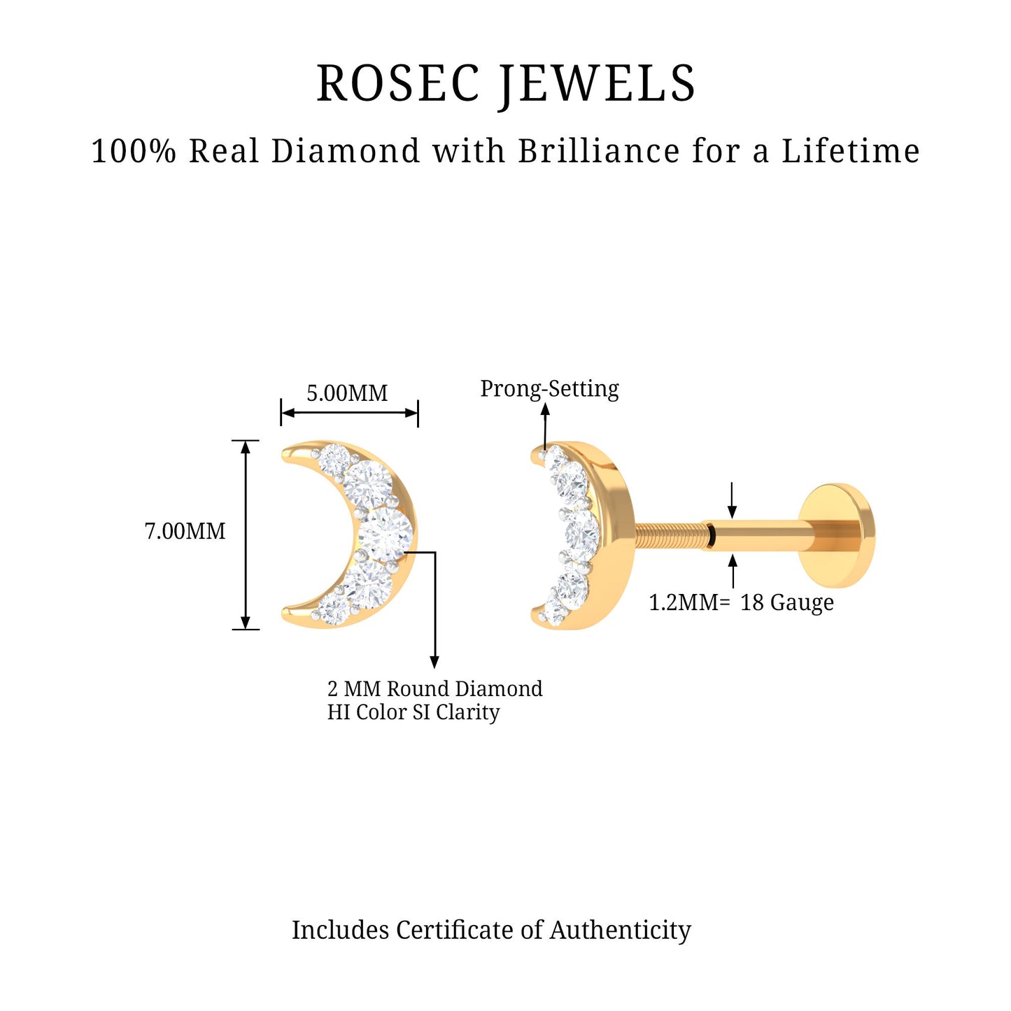 Round Cut Diamond Crescent Moon Cartilage Earring