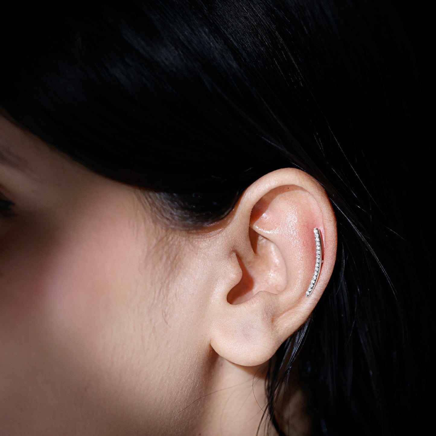 Pave Set Diamond Curved Bar Earring for Cartilage Piercing