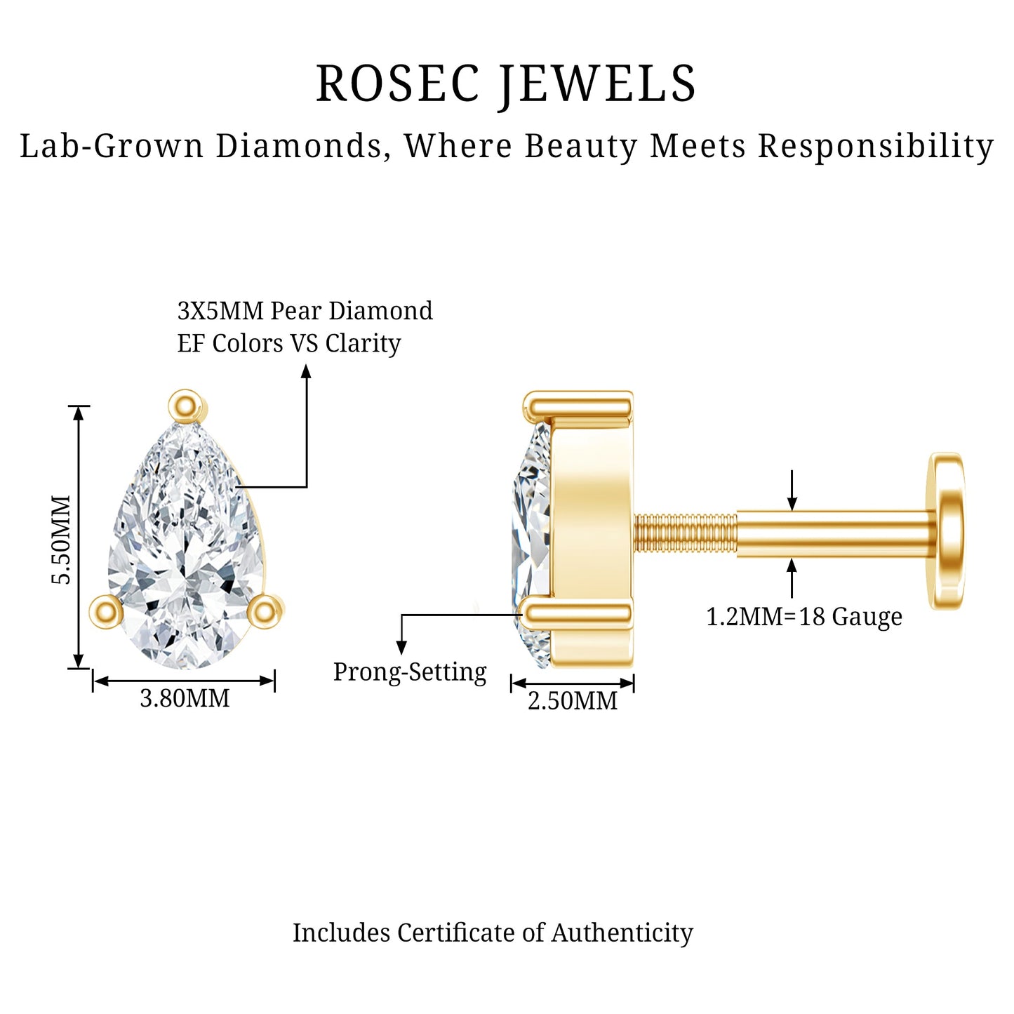 Solitaire Pear Shape Diamond Earring for Tragus Piercing